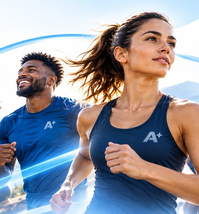 Duas pessoas a correr ao ar livre com roupa de treino A+