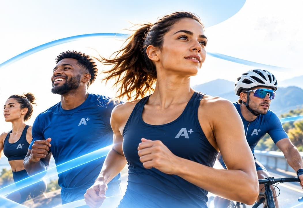 Atletas a correr e um ciclista a treinar ao ar livre com equipamento A+